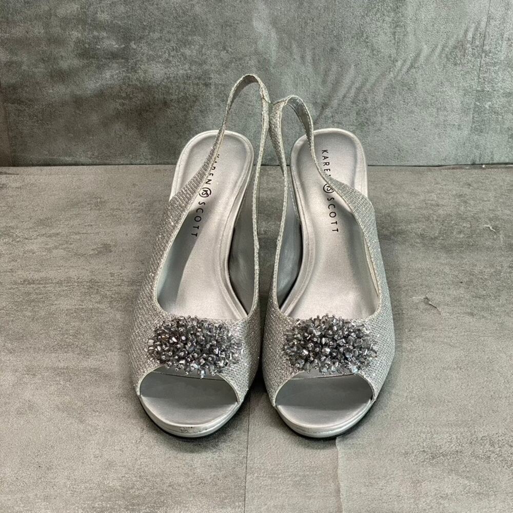KAREN SCOTT Women's Silver Glitter Embellished Breena Peep-Toe Slingback Pumps